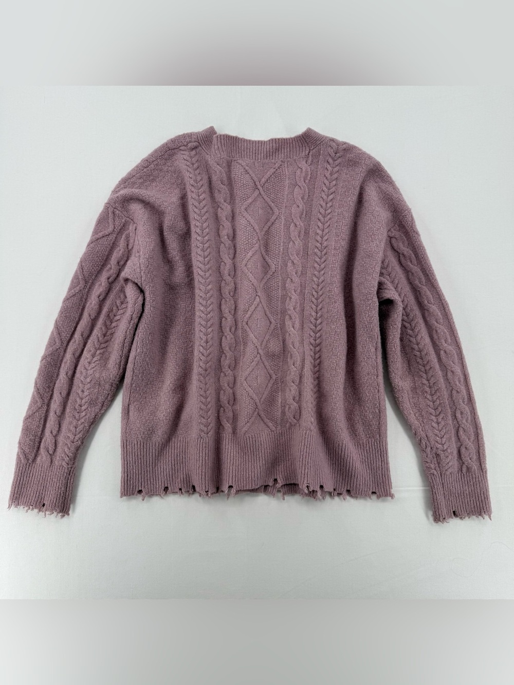 Lucky Brand Dusty Lilac Cable Knit Cardigan Sweater Medium Distressed Hem - Picture 5 of 15